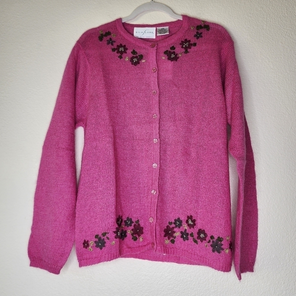 Vintage Silk Lore by Beth Terrell Embroidered Mohair Cardigan L NWT